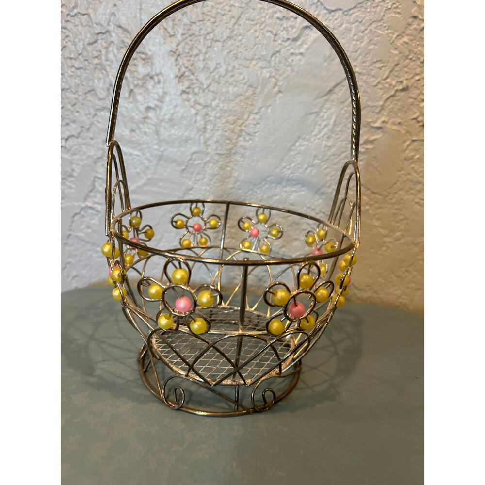 Vintage Silver Tone Wire Basket with Beaded Pastel Flowers - Cottagecore Decor